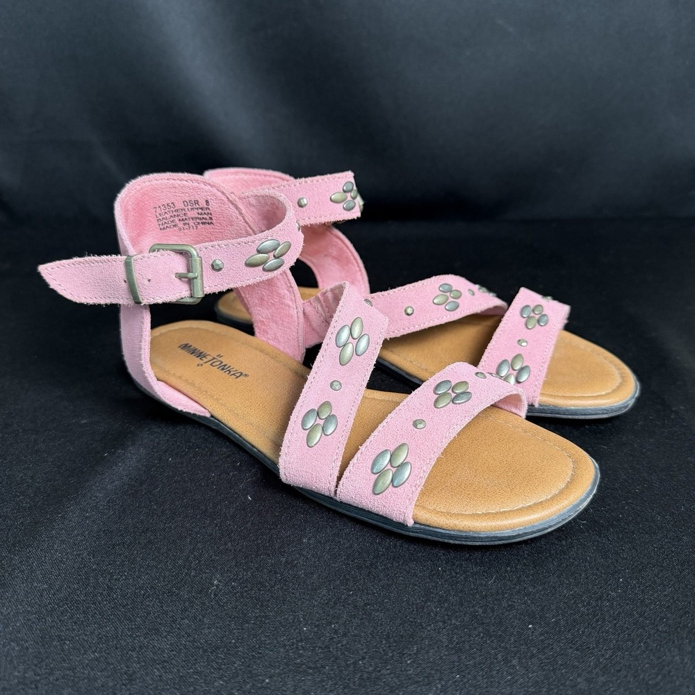 Minnetonka Tangier Sandals Womens Sz 8 Strappy Pink Studded Suede Boho Gladiator